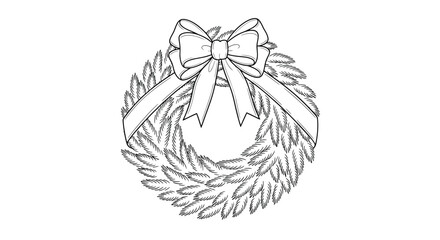 Obraz premium Detailed Monochrome Christmas Wreath with Ribbon Bow - Traditional Holiday Greenery Line Art