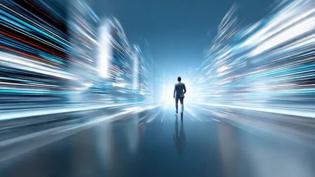 Future Pathways: A solitary figure, a symbol of determination, navigates a futuristic urban landscape, embodying the spirit of innovation and progress.