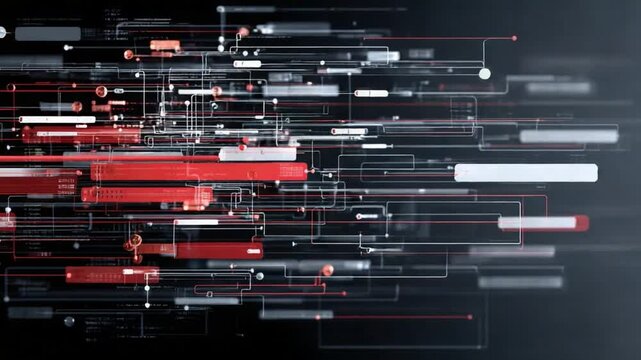 Digital Data Stream: A dynamic abstract composition of interconnected lines and rectangular elements, signifying the seamless flow of data in the digital age.