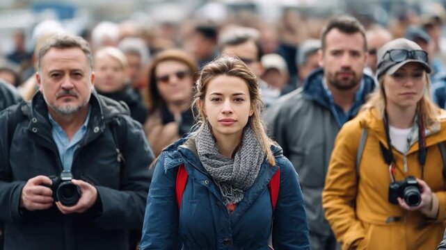 Navigating the Urban Flow: A crowd of individuals navigates the city streets, a candid portrayal of urban life. capturing the essence of daily routines and cityscapes.