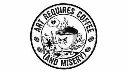 Funny Coffee Cup Character with Art Supplies and Text.