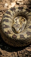 Obraz premium Reptile with patterned scales coiled tightly on rough earth in bright sunlight