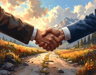 Digital painting depicting a handshake in nature, with a path leading to a mountain range and a cloudy sky