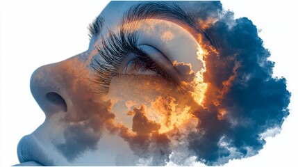 A woman's profile with closed eyes, layered with an orange and blue cloudy sky