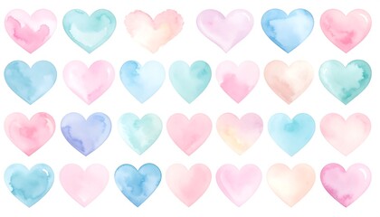 Watercolor hearts in various pastel colors arranged in five rows