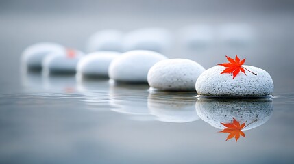 Close-up of smooth white stones on water, one with red maple leaf, reflection visible