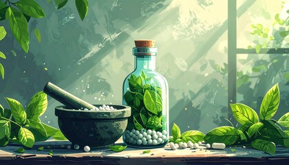 Digital painting depicting a mortar and pestle with white pills, and a jar filled with green leaves and a cork. Green foliage and light beams