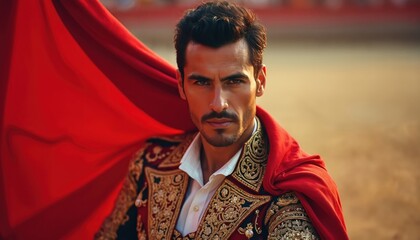 Obraz premium Hispanic man matador stands with red cape. Male bullfighter wears ornate costume in arena. Confident man poses, rich embroidery, Spanish culture, masculine.