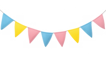 Party bunting garland with colorful pastel flags for celebration, birthday, festival, and event decoration on transparent background