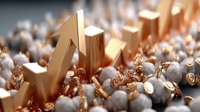 Market Trends: Golden bars and upward-pointing arrow symbolize market growth, suggesting financial success and business advancement.