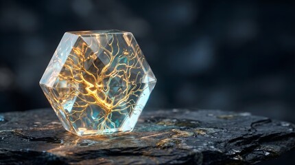 Futuristic Data Storage: Hexagonal Crystal Containing Glowing Golden Neural Network