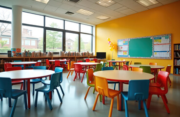 Empty modern school classroom with colorful chairs and tables. Large windows offer view of outdoors. Bookshelves line one wall while a bulletin board decorates another.