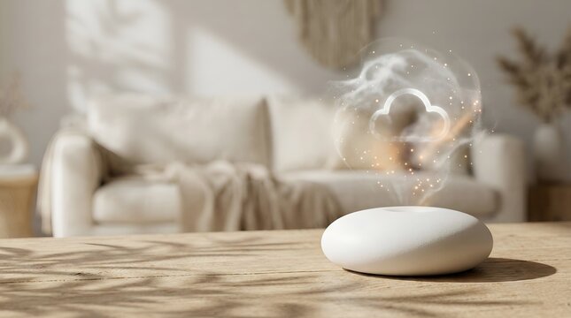 Smart Home Hub Device Projecting Glowing Holographic Cloud Icon on Wooden Table - Powered by Adobe