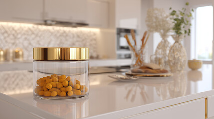 Elegant modern kitchen interior with a glass jar of golden-yellow decorative spheres on a pristine white countertop
