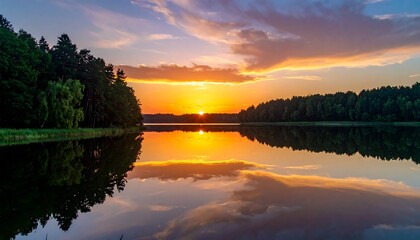 A vibrant sunset over a calm lake, reflecting colorful clouds and silhouetted trees along the shore. The light is golden