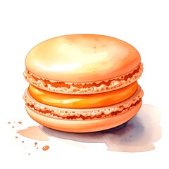 Watercolor illustration of a delicious, orange-hued macaron cookie
