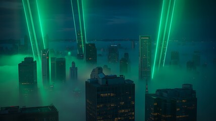 St patrick's day celebration with green lights in cityscape