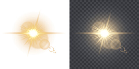 Bright golden lens flare with radiant sunburst rays and soft glowing orbs on a transparent background, PNG, sunlight shines warm, cinematic light effect. Flash of light, sun, twinkle overlays.