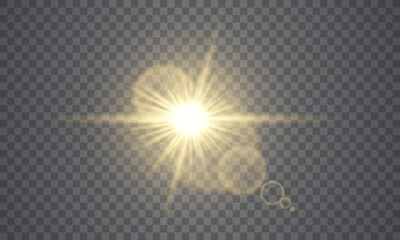 Bright golden lens flare with radiant sunburst rays and soft glowing orbs on a transparent background, PNG, sunlight shines warm, cinematic light effect. Flash of light, sun, twinkle overlays.