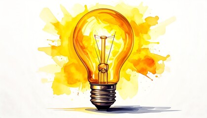Watercolor illustration of a glowing yellow lightbulb with an artistic background