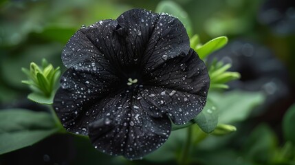 Macro of a Beautiful Black Petunia Bloom with Sparkling Water Drops and Green Foliage