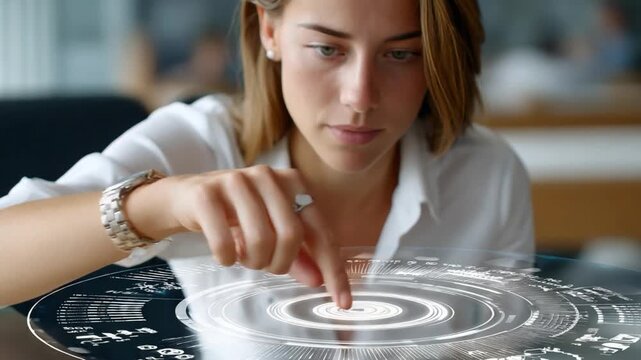 Businesswoman engaged with Hologram: A focused businesswoman interacts with an augmented reality hologram in a modern office environment, symbolizing innovation and futuristic technology.