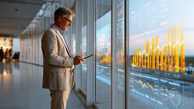 Visionary Analytics: A seasoned business leader, deep in thought, analyzes intricate data visualizations through a transparent digital interface.