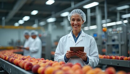 Woman in cleanroom attire smiles holding tablet near conveyor belt with ripe nectarines. Workers inspect fruit quality at modern food processing plant, check produce on automated line.