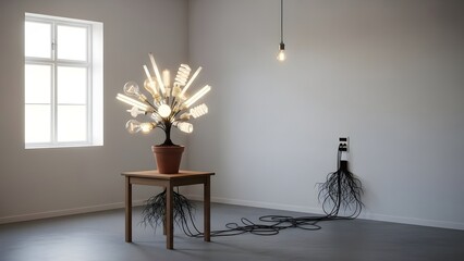 Conceptual Potted Plant with Glowing Light Bulbs and Tangled Electric Roots
