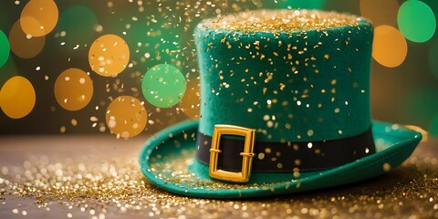St patrick's day green top hat with gold glitter and confetti celebration