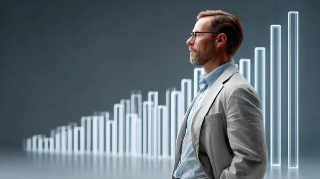 Visionary Executive: A focused leader, framed by an ascending bar graph symbolizing growth, poised at the forefront of the future.