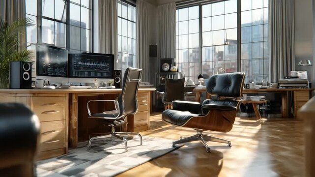 Sophisticated Workspace with City View: An inviting workspace bathed in natural light, featuring a modern desk setup with multiple monitors and a comfortable ergonomic chair.