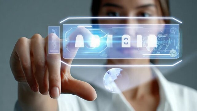 Tech Touch: A woman interacts with an innovative user interface, engaging with high-tech elements on a digital screen, signifying technological innovation and data accessibility. 