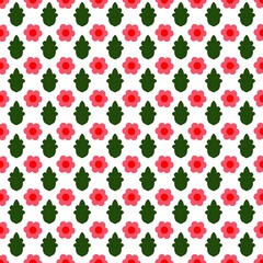 Vibrant, seamless floral pattern in a minimalist folk-art style, perfect for textile, fabric, and wallpaper designs, featuring repeating pink flowers and green leaves on a crisp white background.