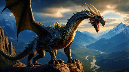 Fierce Dark-Scaled Dragon Roaring Over Mountain Valley at Dusk