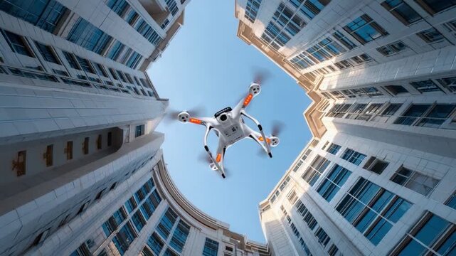 Aerial Drone Ascent: A drone hovers gracefully amidst towering buildings, capturing an unique perspective of modern urban architecture against a cloudless blue sky.