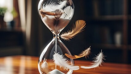 Surreal hourglass filled with soft feathers and white sand on a wooden table with bokeh background symbolizing time passing gently