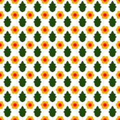 A vibrant, seamless pattern with a bold retro 70s floral design with stylized orange flowers and green leaves on a white background. This groovy, nostalgic, and fun design is perfect for wallpaper. 