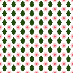 A charming seamless floral pattern featuring simple pink flowers and green leaves on a white background, perfect for textiles, fabric, or digital designs.