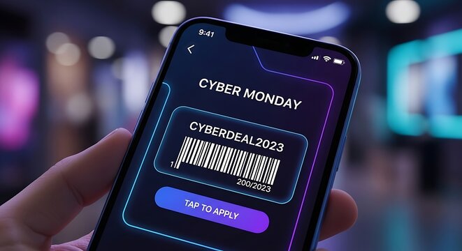 Smartphone displaying cyber monday deal code with barcode for shopping - Powered by Adobe