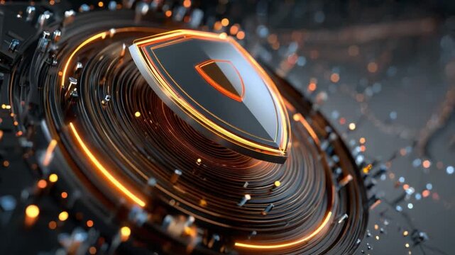 Cyber Shield of Protection: A futuristic, neon-lit shield symbolizes robust cyber security. Its vibrant design captures the essence of digital protection and safety in the information age.