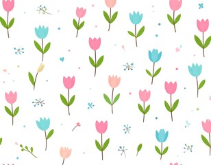 Whimsical floral pattern with pink and blue tulip illustrations