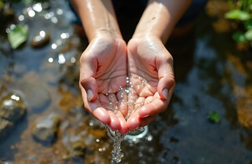Person scoops pure water into cupped hands from shallow stream. Gentle water flow cools skin. Natural stream bed with stones and plants. Focus on hands and water droplets.
