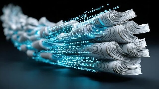 Digital News Stream: A visual representation of information flowing from stacked newspapers, conveying the dynamic nature of news. This image depicts modern media, communication, and information
