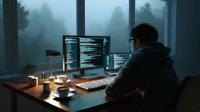 Coding Vigil: A solitary programmer immersed in the digital world, lines of code illuminated by a cool screen glow, framed by a window overlooking a misty landscape.