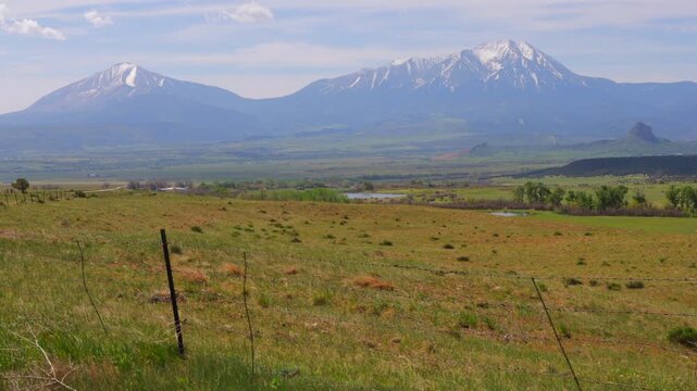 Landscape view of Colorado&rsquo;s Spanish Peaks, two freestanding mountains that are not part of any range, on a blustery spring day