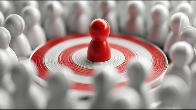 Red pin highlighting a specific individual in a crowd of white people representing customer lifetime value measurement concept. Customer Lifetime Value Targeting &ndash; Animated Video Version
