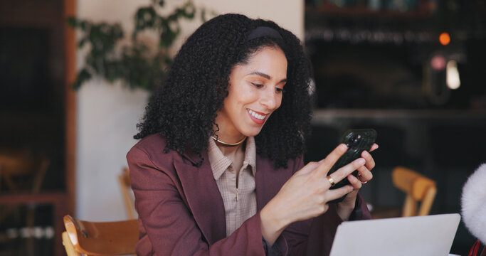 Phone, laptop and smile with woman in cafe for hospitality blog, food review and research. Remote worker, online report and restaurant critic with person in coffee shop for reading and web log