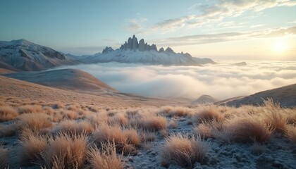 Winter mountain landscape with frosted grass, morning fog bank covering valley floor. Sun rises over snow capped peaks and hazy horizon. Cold, quiet, remote wilderness scene with soft sky.