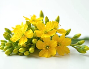 Fototapeta premium Yellow flowers with buds clustered together. Delicate petals open wide. Green stems and leaves support the bright blossoms. Simple natural arrangement.